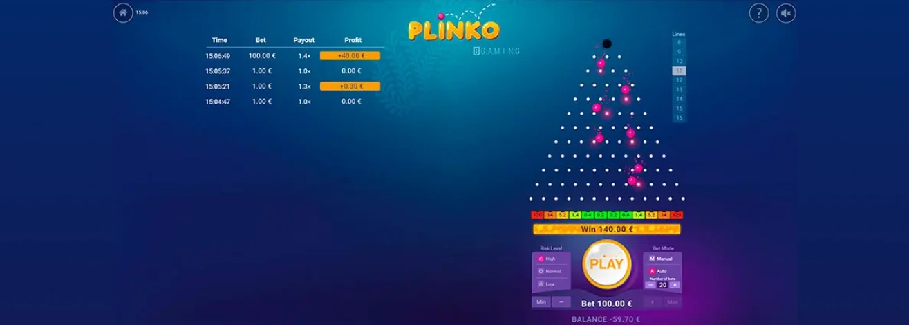 Prikaz Plinko igre u toku igranja, kuglica pada kroz mrežu sa multiplikatorima na dnu.