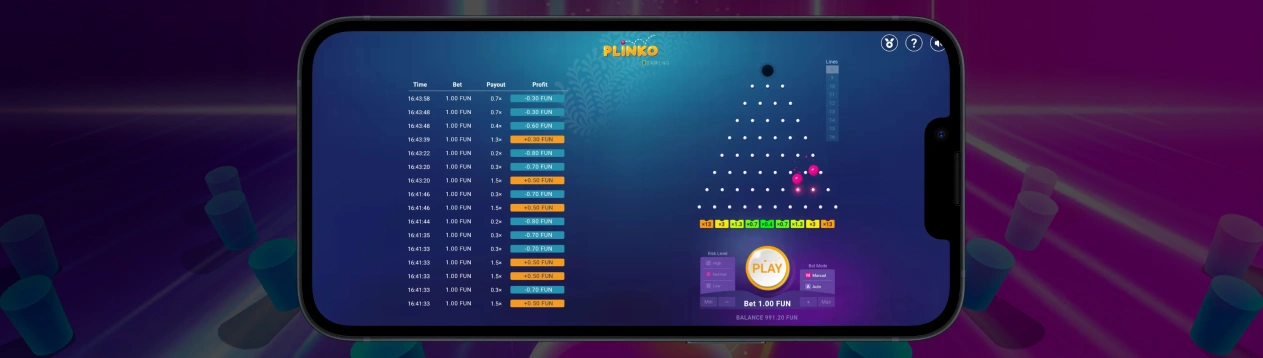 Mobilna verzija Plinko aplikacije prikazana na telefonu, jednostavan interfejs i opcije za igranje.