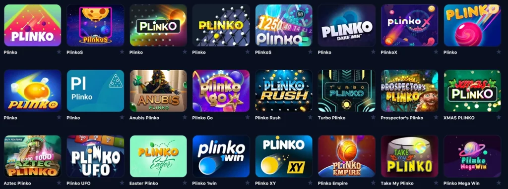 Pregled različitih Plinko varijanti i njihovih provajdera sa podacima o ulogu i maksimalnoj isplati.